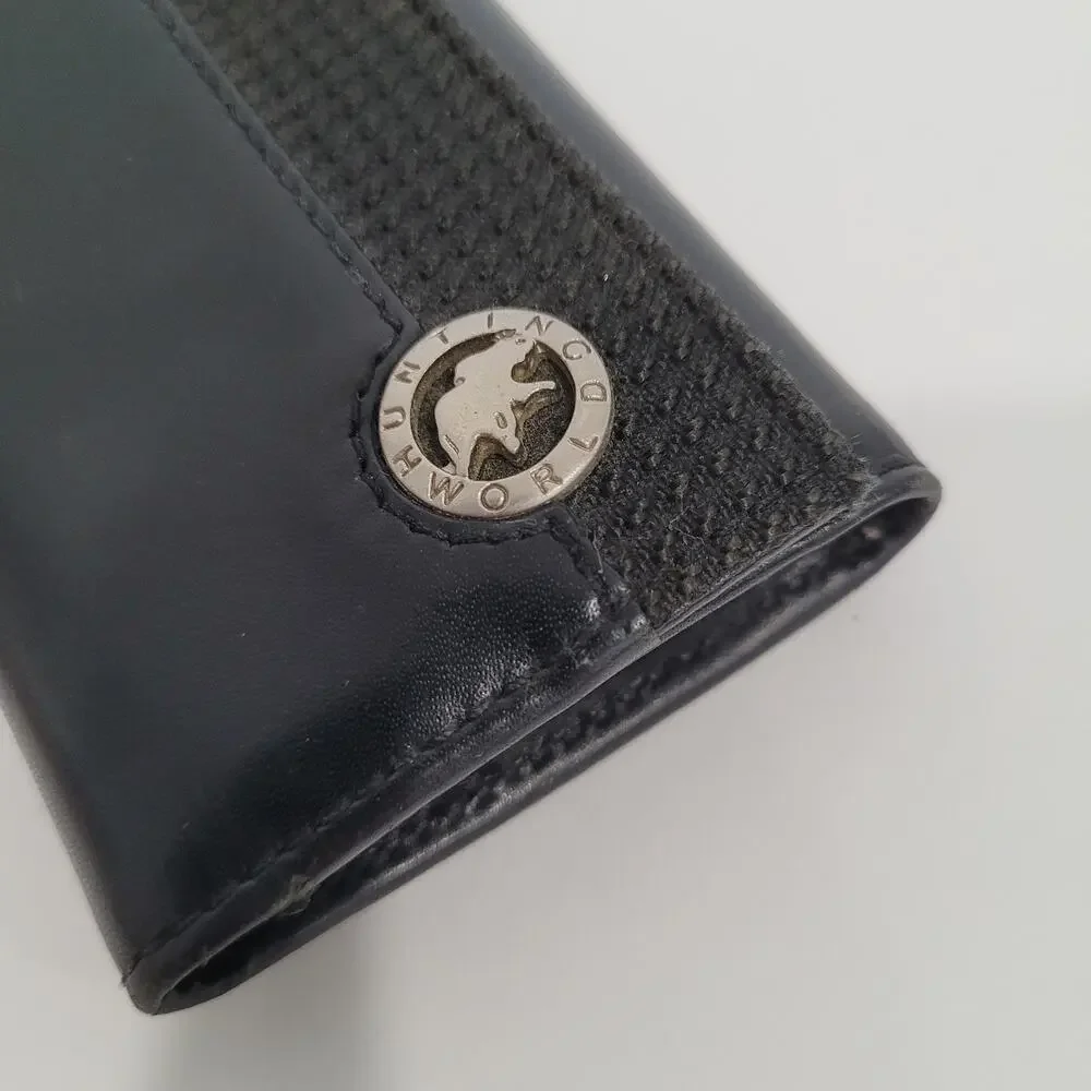 Hunting World‎ Key Case Hooks Holder Wallet Logo Black Trifold Leather Italian